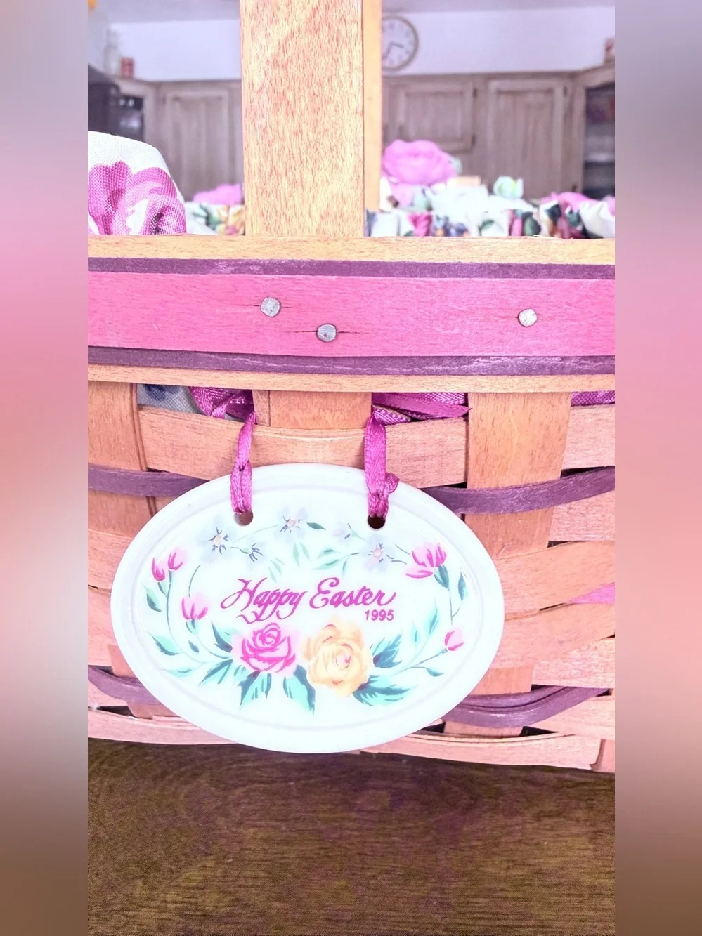 Vintage 1995 Longaberger Easter Basket with Floral Liner and Ceramic Charm